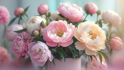 Pink and white peony flowers in bloom with green leaves, arranged in a vase. Fresh flowers and floral decor. Floral arrangement for home or events.