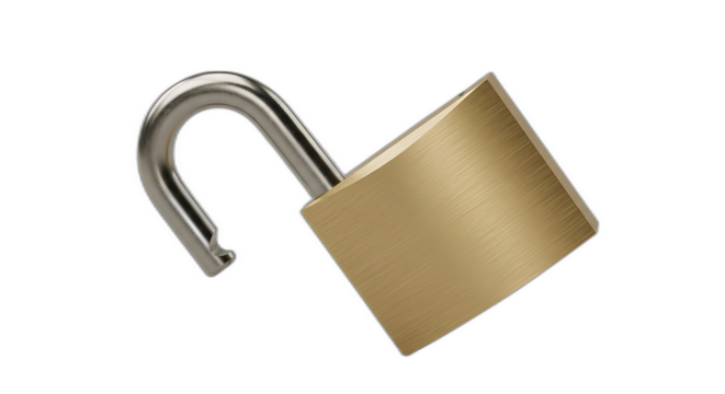 Open padlock with silver shackle isolated on transparent background