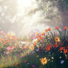 Obraz premium Sunlit meadow with colorful wildflowers and soft fog.