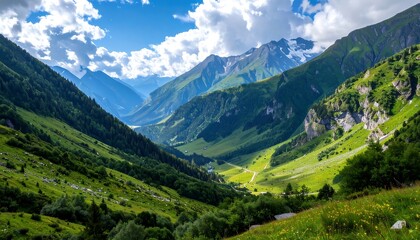 Fototapeta premium A panoramic view of a vast, verdant valley surrounded by towering, snow-capped mountains under a dramatic, cloudy sky.