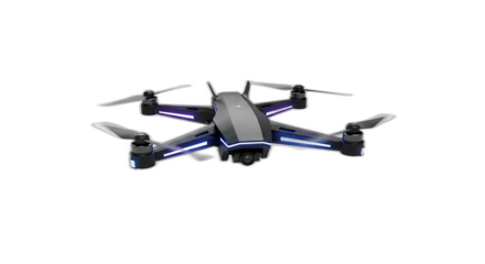 Modern drone isolated on transparent background with blue lights and four propellers