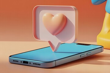 Modern smartphone displaying a vibrant heart shaped notification bubble emerging from its screen against a warm gradient background