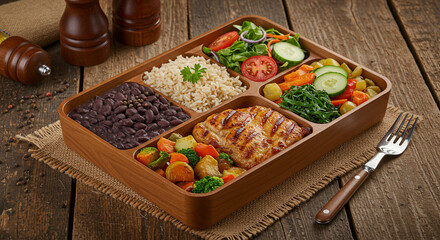 Traditional Brazilian Lunch Box with Grilled Chicken, Black Beans, Brown Rice, Roasted Vegetables, and Fresh Salad – Balanced Meal Photography