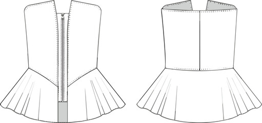Women’s pleated peplum waistcoat with front zipper, vector flat cad drawing, fashion technical sketch, front and back view, garment design