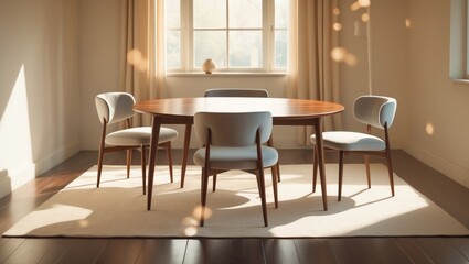A dining room with a wooden table, six white chairs, a large window, sunlight streaming in, and a beige rug on a dark hardwood floor.