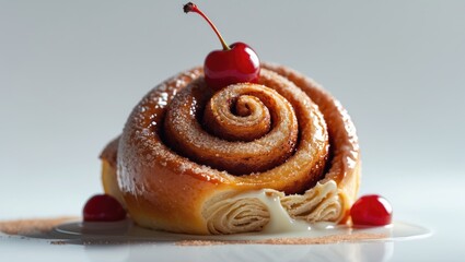A cinnamon roll pastry with a cherry on top and additional cherries, dusted with powdered sugar, served on a white plate.