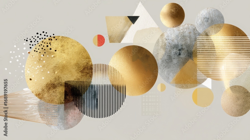 Poster geometric golden shapes intersecting dynamically, forming complex layered pattern against soft gray 