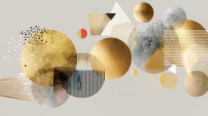 Fototapeta premium Geometric golden shapes intersecting dynamically, forming complex layered pattern against soft gray surface, representing contemporary graphic design aesthetic