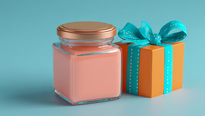 A small orange gift box with a turquoise ribbon sits next to a clear glass jar filled with pink powder