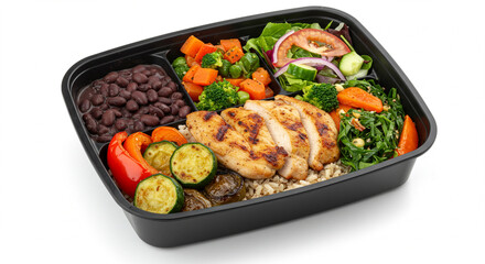 Fototapeta premium Traditional Brazilian Lunch Box with Grilled Chicken, Black Beans, Brown Rice, Roasted Vegetables, and Fresh Salad – Balanced Meal Photography