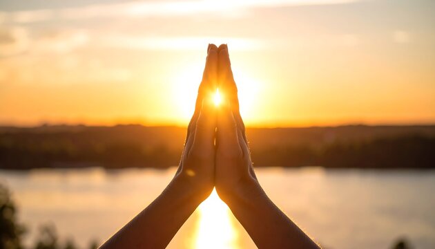Hands clasped together, golden sunset