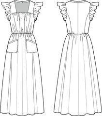 Women's ruffle sleeve dress, flat vector cad drawing, fashion technical sketch, front and back view, summer dress design template