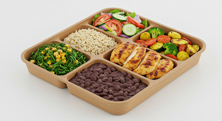 Traditional Brazilian Lunch Box with Grilled Chicken, Black Beans, Brown Rice, Roasted Vegetables, and Fresh Salad – Balanced Meal Photography