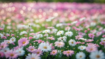 Fototapeta premium Colorful daisies and pink flowers in a meadow during daytime