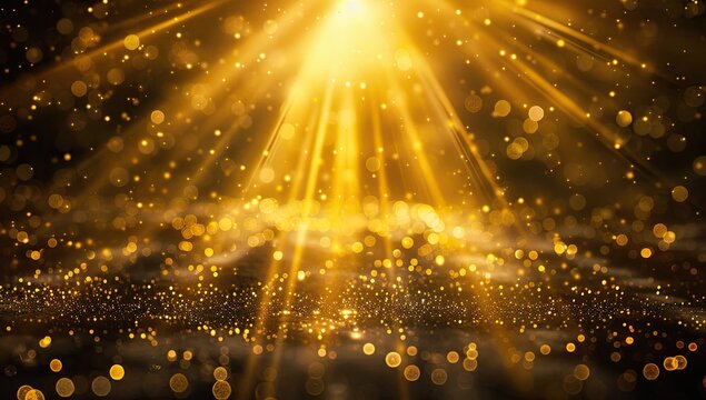 Golden light rays radiating downward onto a dark background dotted with golden particles - Powered by Adobe