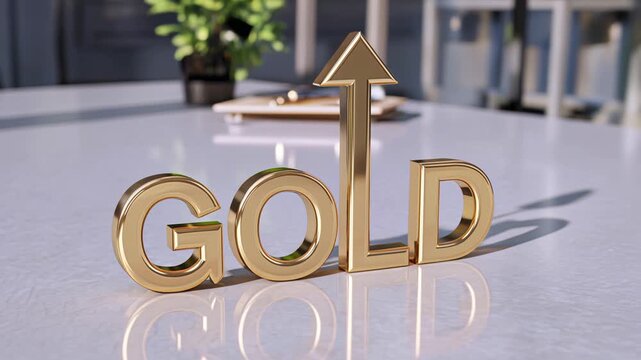 Golden 3D word GOLD stand on a reflective surface, the upward arrow integrated into the L steadily ascends with vertical extension, symbolizing precious metals value growth