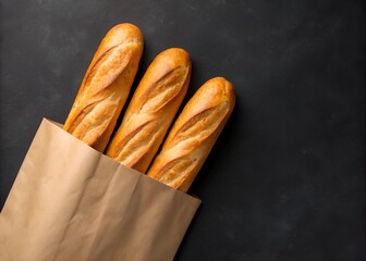 Three Crusty Baguettes in Brown Paper Bag on Dark Background