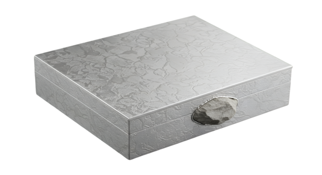 A shimmering silver keepsake box reminiscent of moonlit secrets and whispered memories Adorned with a rough hewn stone