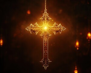 Medieval Religious Monument - Golden Ornate Cross with Glowing Light on Dark Background A dramatic and spiritual scene with faith, divine presence, religious symbolism, emotional atmosphere, gothic in