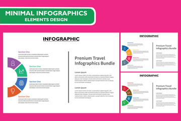 A modern travel infographics bundle template with a circular diagram and side text panels. The design is clean and can be used for business presentations, brochures, and reports.