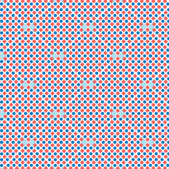 A repeating pattern featuring a grid of blue circles, red circles, and light blue diamonds on a white background.