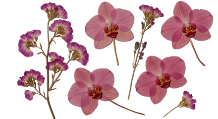 Delicate orchids and dried purple wildflowers evoke nostalgic memories of pressed botanical art against a pure black