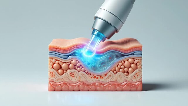 Cross section of skin being treated with a hydrafacial tool, closeup view