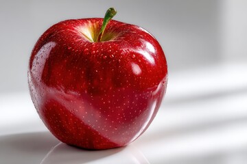 A single wet red apple on a white background