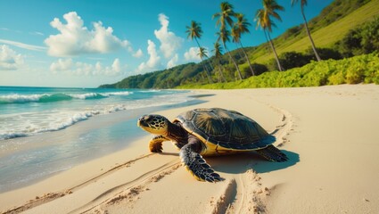 A turtle on the beach with palm trees and a blue sky, showcasing a tropical coastal environment.