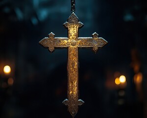 Medieval Religious Monument - Illuminated Ancient Cross Pendant Against a Dark Background A dramatic and spiritual scene with faith, divine presence, religious symbolism, emotional atmosphere, gothic 