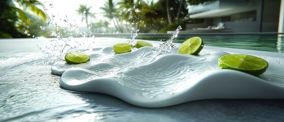 Obraz premium Refreshing lime slices and water splash on a wavy surface by a luxury swimming pool