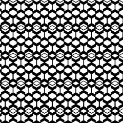 Abstract black and white repeating geometric pattern of interlocking hexagons and squares.