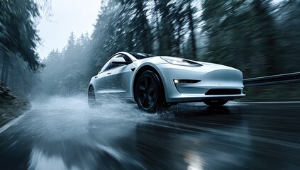 Sleek, white car speeds down a wet road, blurring the background trees in a moody, rainy scene