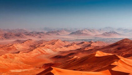 A sweeping vista of a desert landscape, showcasing rugged mountains and dunes, bathed in warm, vibrant hues.