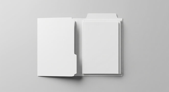 Top-down view of an open white file folder with blank papers on a light grey background, clean and minimalist.