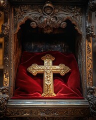 Medieval Religious Monument - Intricately Designed Golden Cross on Ornate Red Velvet Display A dramatic and spiritual scene with faith, divine presence, religious symbolism, emotional atmosphere, goth