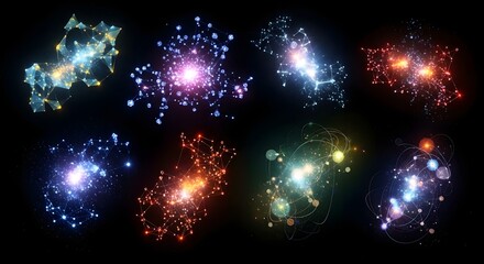 Eight abstract glowing particle clusters forming intricate network structures on a dark background, representing data, energy, or cosmic connections.
