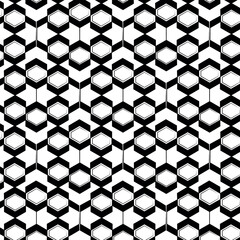 Abstract black and white geometric pattern featuring repeating diamond and hexagon shapes.