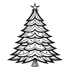 Black and white line art Christmas tree with ornaments and star Keywords: Christmas tree, star