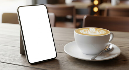 Smartphone with blank screen and a cup of latte art coffee on a wooden table in a blurred cafe background.
