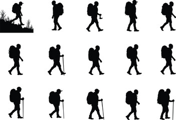 Obraz premium Silhouette of hikers walking with backpack, trekking outdoor adventure, camping lifestyle, hiking stick, mountain climbing, travel, nature exploration, journey.
