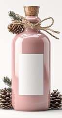 Pink glass bottle, decorated with pine cones and twine