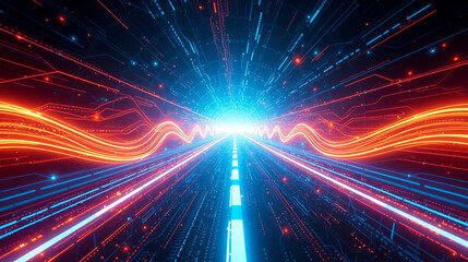 Abstract digital road, glowing paths in a futuristic cyberspace, data streams and digital transformation concept.