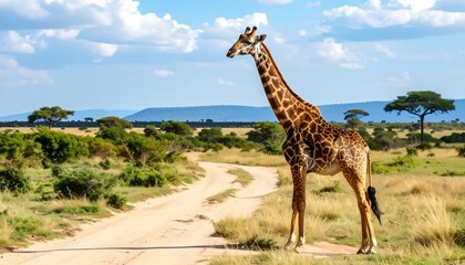 Obraz premium Giraffe on a dusty path in savanna