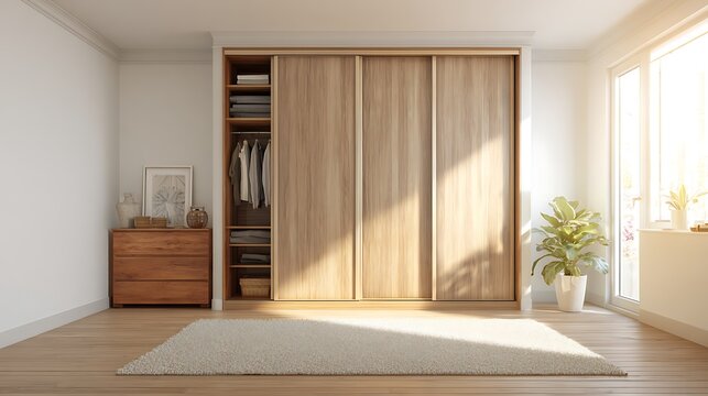 Background for product presentation mock-ups with modern bedroom interior featuring white walls and wooden wardrobe with sliding doors.
