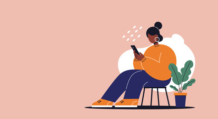 A calm woman sits, engrossed in her smartphone, connecting online in a modern, casual setting. Perfect for digital lifestyle, social media, communication, and remote work.