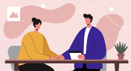 Professional man and woman in a meeting, discussion, or consultation. Ideal for business, HR, therapy, coaching, and client interaction concepts.