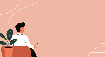 Minimalist illustration of a man observing or thinking, seated next to a plant. Perfect for concepts of focus, relaxation, personal growth, or modern workspace design.