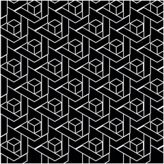 Abstract geometric pattern of interlocking cubes and lines.