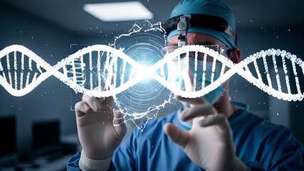 Professional surgeon in a futuristic laboratory analyzing a glowing DNA double helix hologram for genetic research and innovation - Powered by Adobe